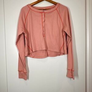 Free People Pink Waffle Knit Cropped Henley Long Sleeve Thumbhole Top M